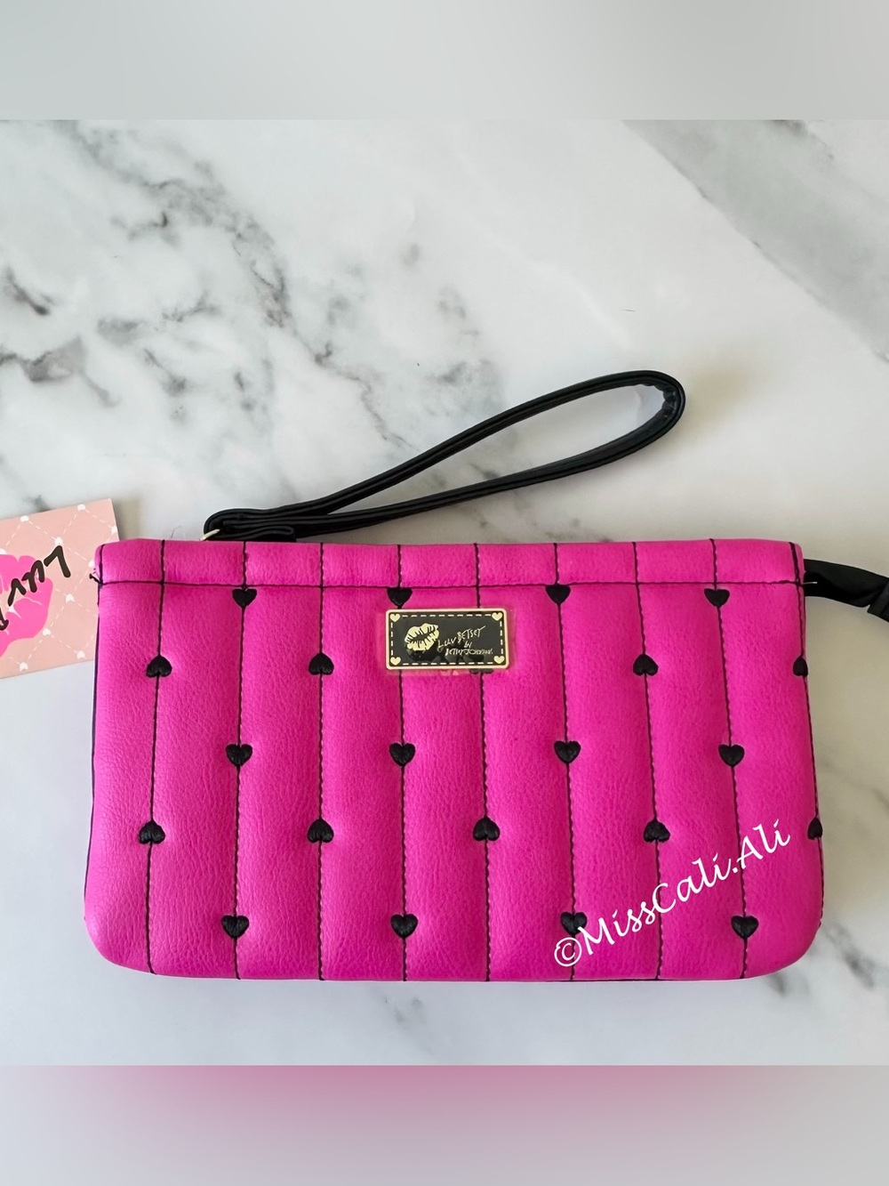 NWT BETSEY JOHNSON Hot Pink Quilted Double Pouch Wristlet Bag